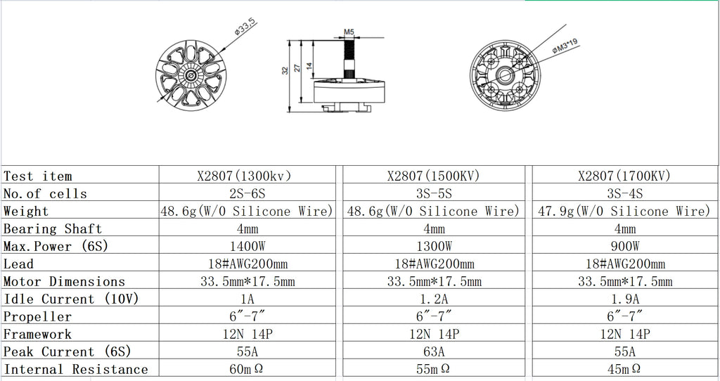 X2807 Brushless Motor 1300/1500/1700KV