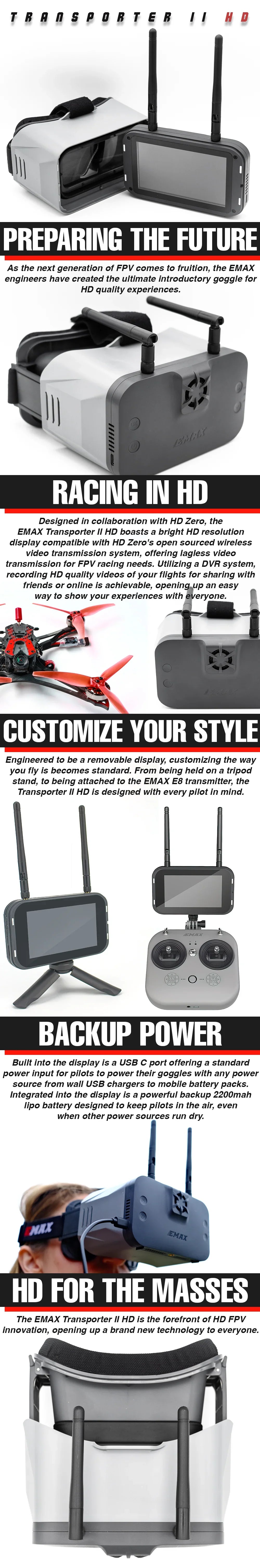 EMAX Transporter II HD FPV Goggles 4.45-Inch 720x1080