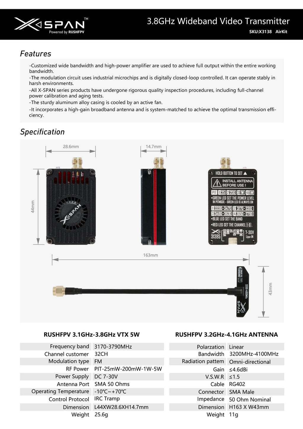 RUSHFPV 3.1-3.8GHz 5W 32CH VTX/VRX Kit
