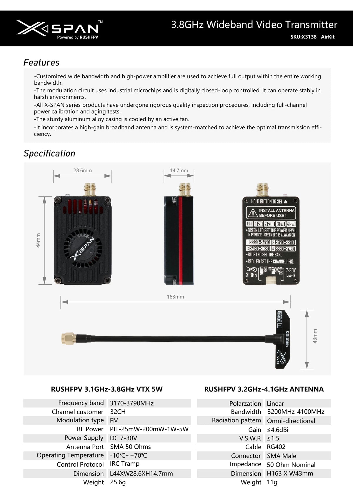 RUSHFPV 3.1-3.8GHz 5W 32CH VTX/VRX Kit